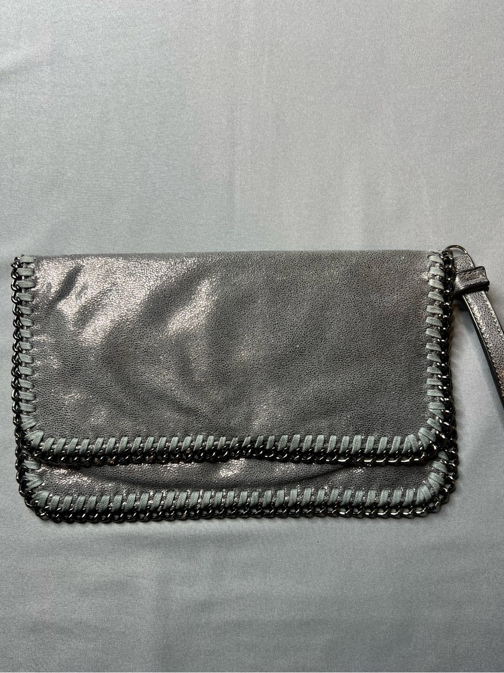 INZI Metallic Gray Chain Trim Foldover Clutch | Gunmetal Shimmer leather